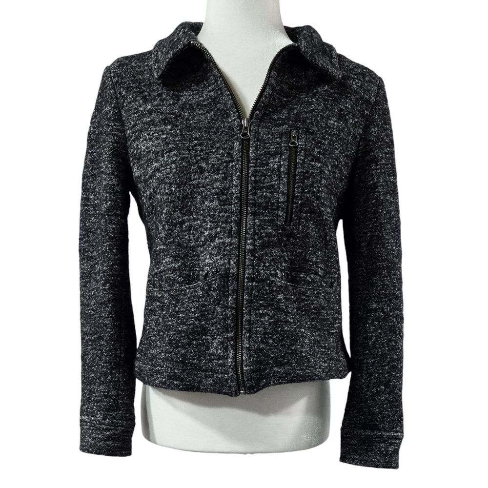 LOFT Wool Blend Charcoal Gray Marled Knit Cropped Zip Jacket Pockets Preppy